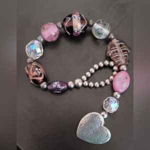 Vintage signed Danforth pewter and colorful glass bead bracelet